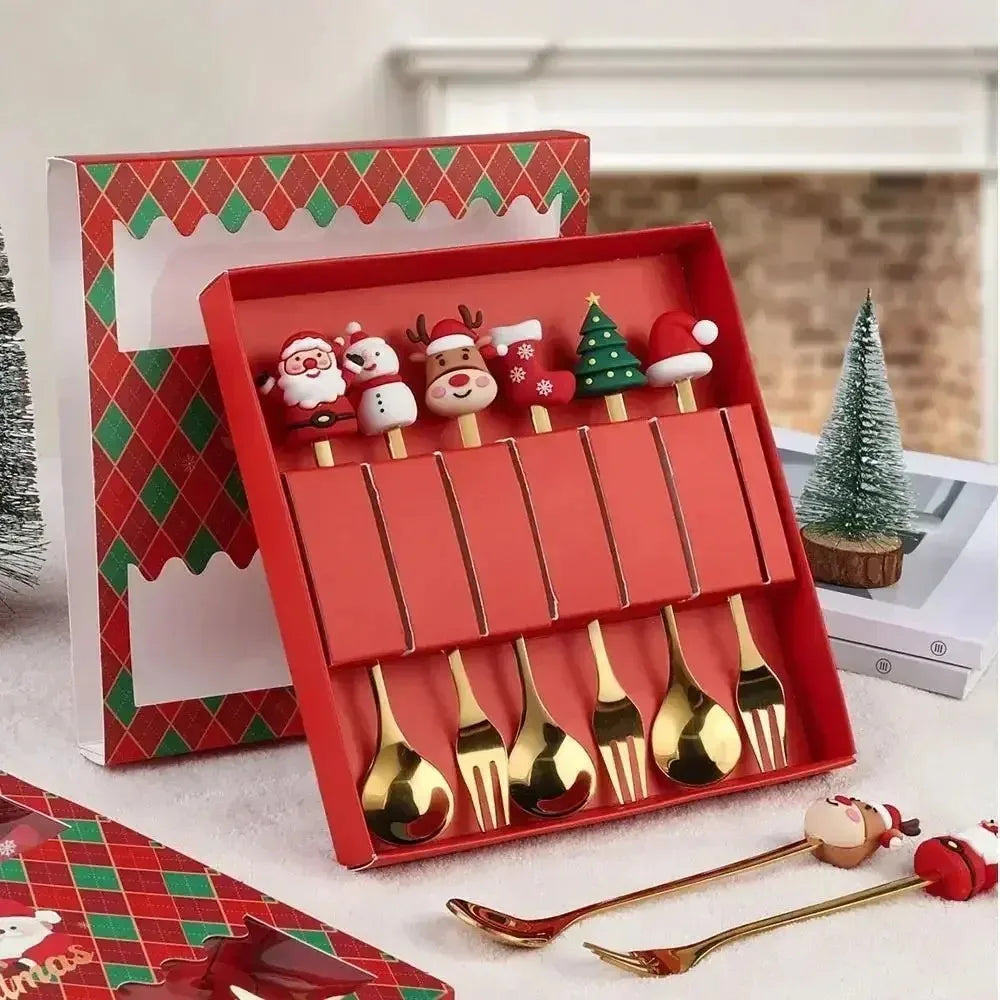 Christmas Spoon & Fork Set – 1/2/4/6pcs Stainless Steel Coffee Tea Dessert Utensils with Santa & Tree Designs (Gift Box)