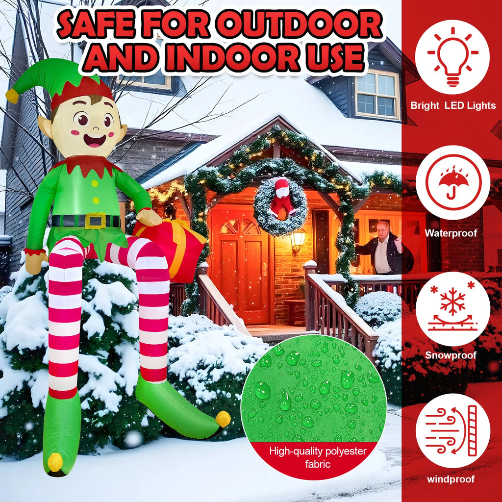 8FT Christmas Inflatable Sitting Elf Outdoor Decoration | Giant Yard Inflatable with Built-in LED Lights
