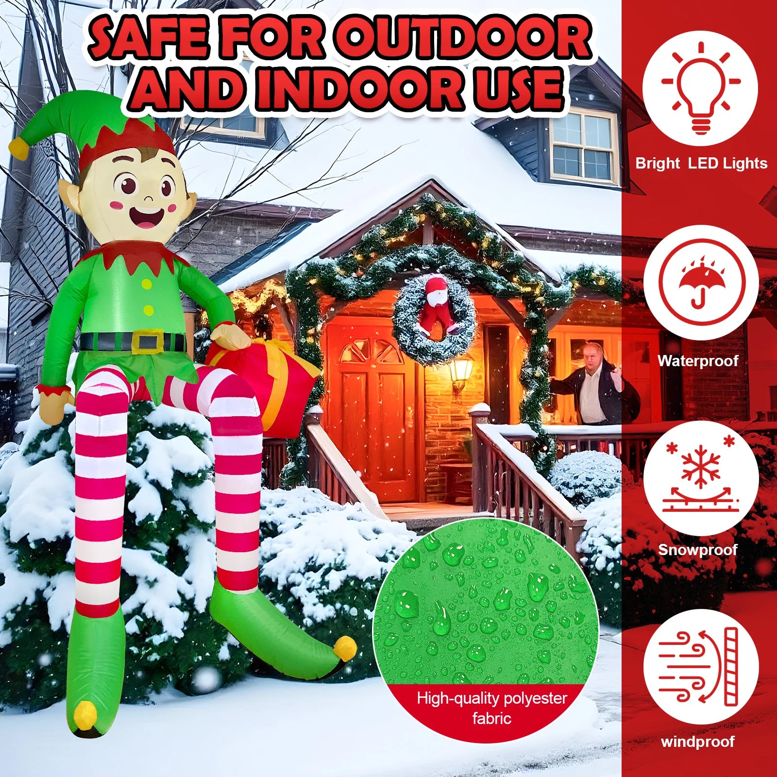 8FT Christmas Inflatable Sitting Elf Outdoor Decoration | Giant Yard Inflatable with Built-in LED Lights