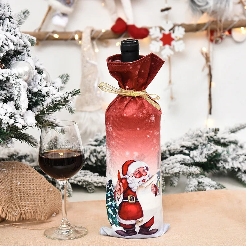 Christmas Wine Bottle Covers Set | Red Velvet Dress Sleeve Bags | Santa Claus Ornaments for New Year & Xmas Dinner Table Decoration