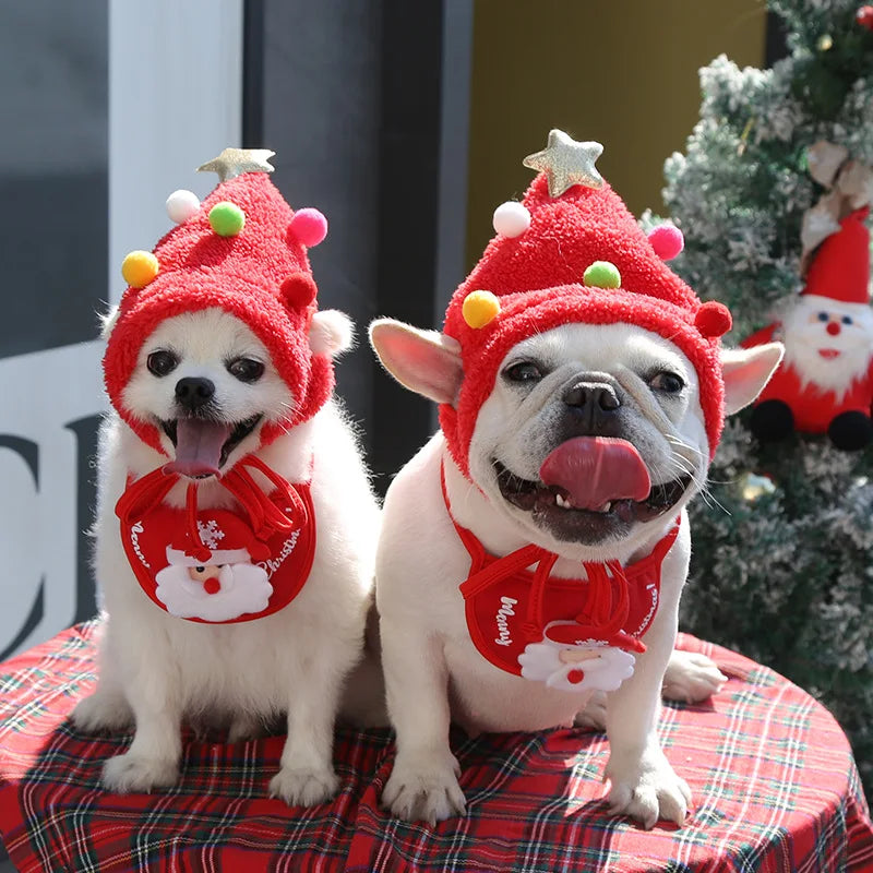 Funny Dog Christmas Hat & Pets Santa Bibs Set | New Year Party Cosplay Costume Puppy Cap | Cute Cats Bandana Clothes Accessories Gift