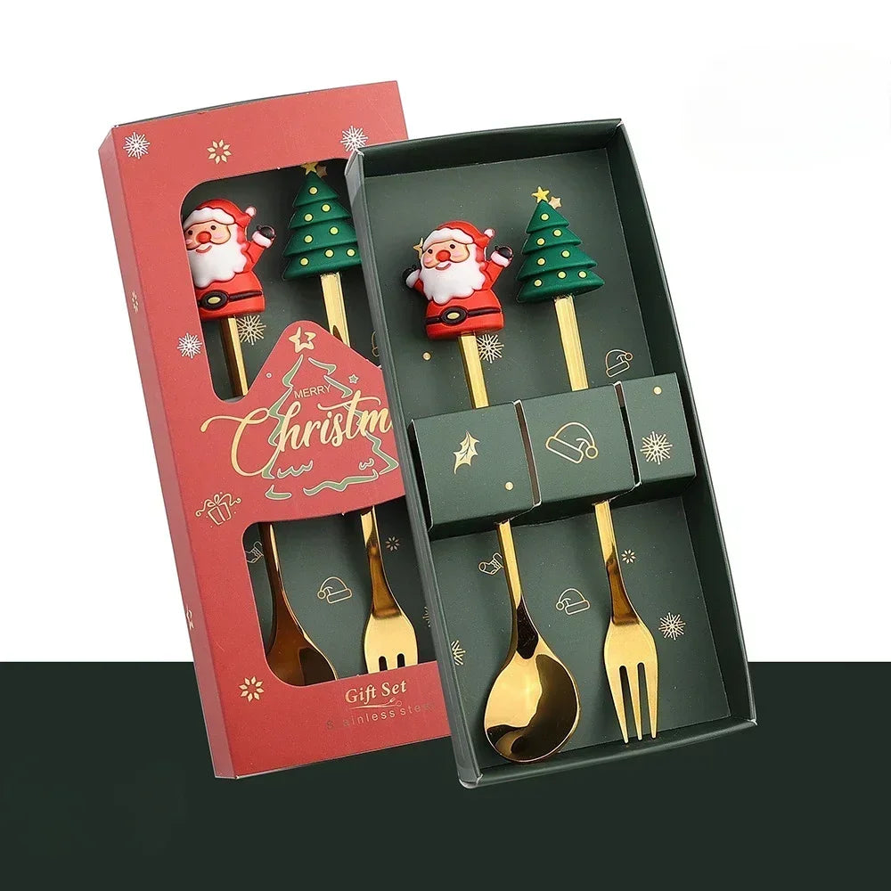 Christmas Spoon & Fork Set – 1/2/4/6pcs Stainless Steel Coffee Tea Dessert Utensils with Santa & Tree Designs (Gift Box)
