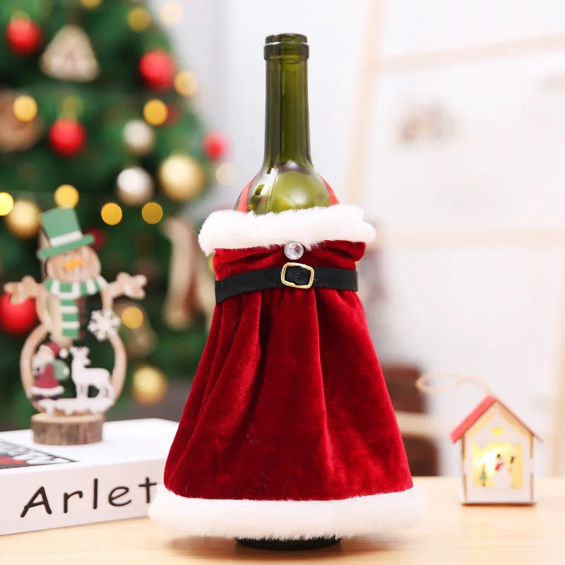 Christmas Wine Bottle Covers Set | Red Velvet Dress Sleeve Bags | Santa Claus Ornaments for New Year & Xmas Dinner Table Decoration