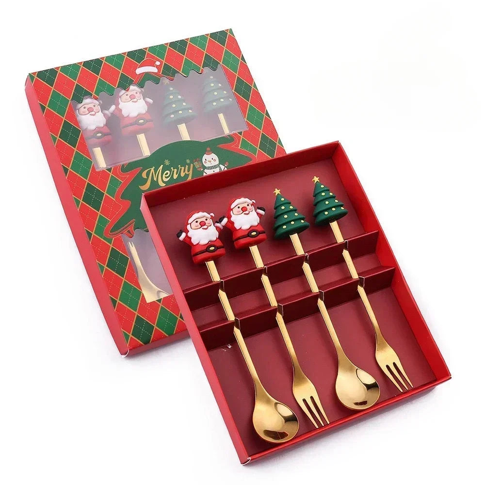 Christmas Spoon & Fork Set – 1/2/4/6pcs Stainless Steel Coffee Tea Dessert Utensils with Santa & Tree Designs (Gift Box)