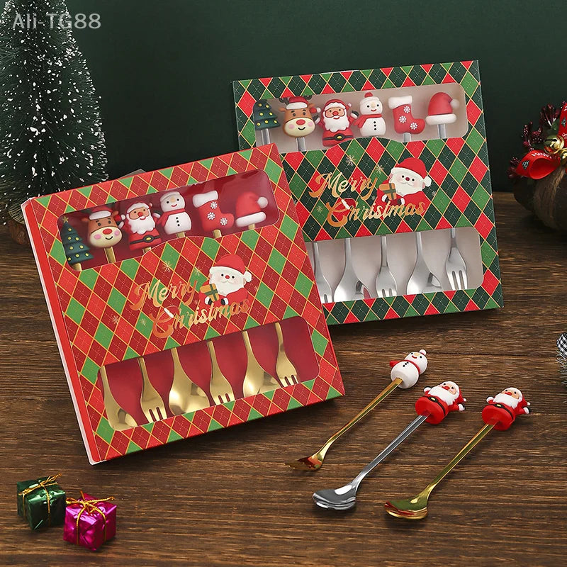 Stainless Steel Christmas Fork and Spoon Set | Coffee, Tea, & Dessert Tableware with Festive Gift Box