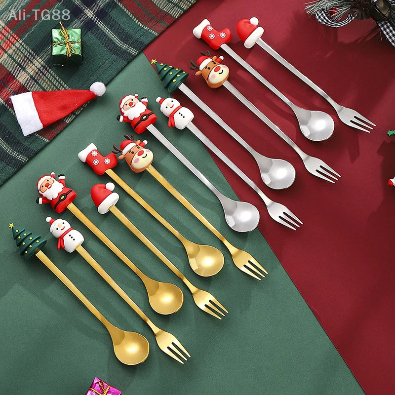 Stainless Steel Christmas Fork and Spoon Set | Coffee, Tea, & Dessert Tableware with Festive Gift Box