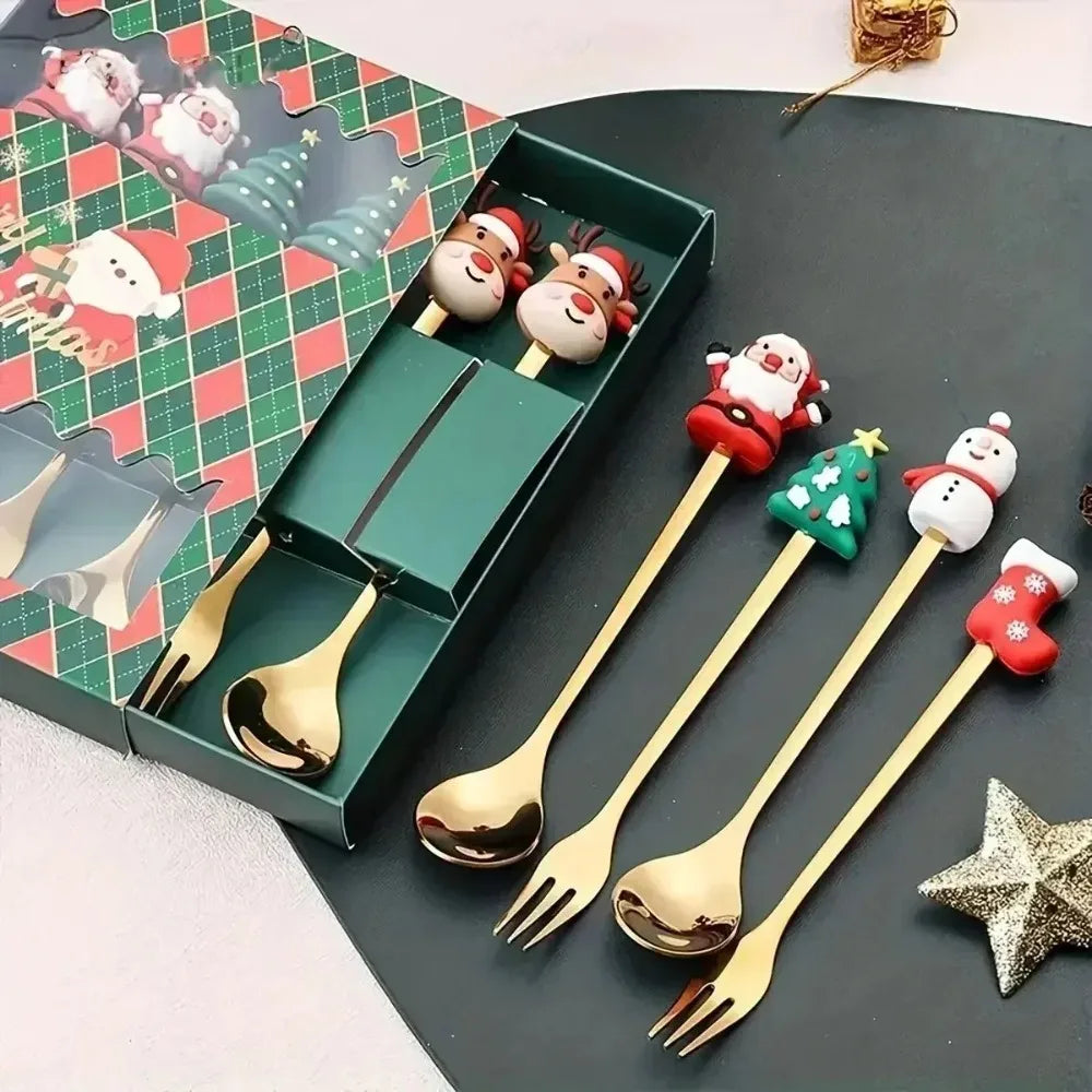 Christmas Spoon & Fork Set – 1/2/4/6pcs Stainless Steel Coffee Tea Dessert Utensils with Santa & Tree Designs (Gift Box)