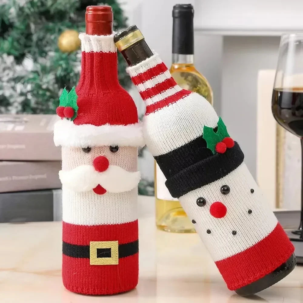 Christmas Wine Bottle Cover Set | Santa Snowman Woven Bags | Party Dinner Table Decorations & New Year Gifts