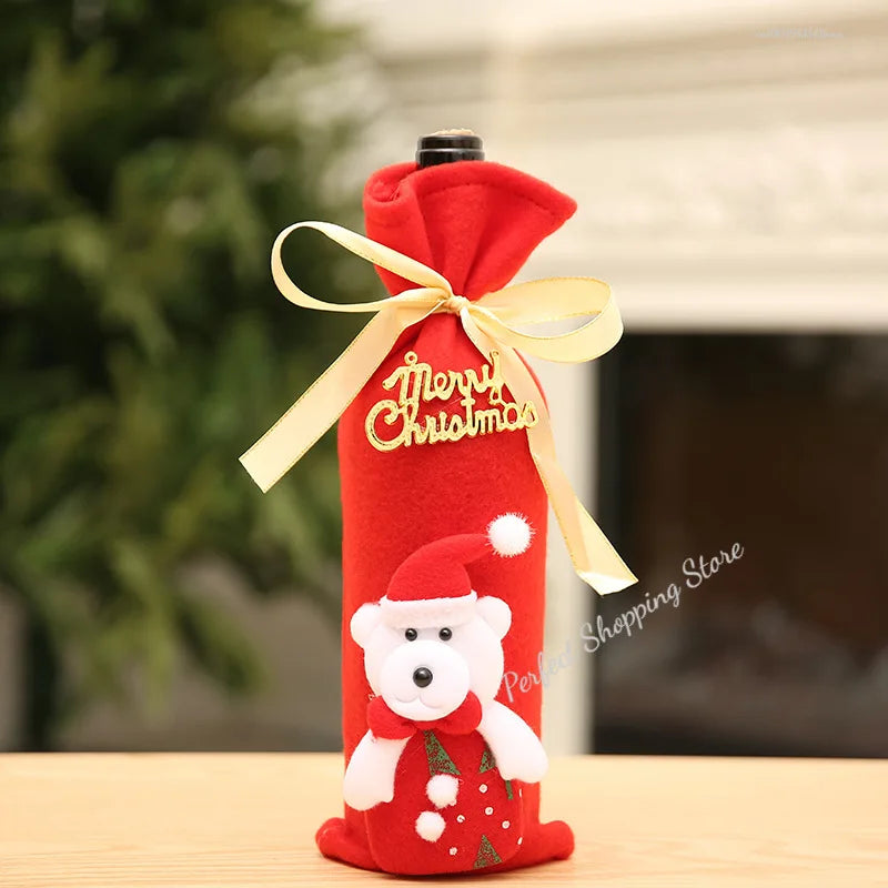 Christmas Wine Bottle Set | Golden Velvet Dress Covers Sleeve | Santa Snowman Xmas New Year Dinner Table Decor