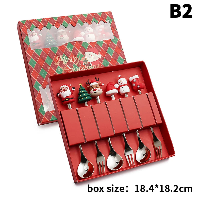 Stainless Steel Christmas Fork and Spoon Set | Coffee, Tea, & Dessert Tableware with Festive Gift Box