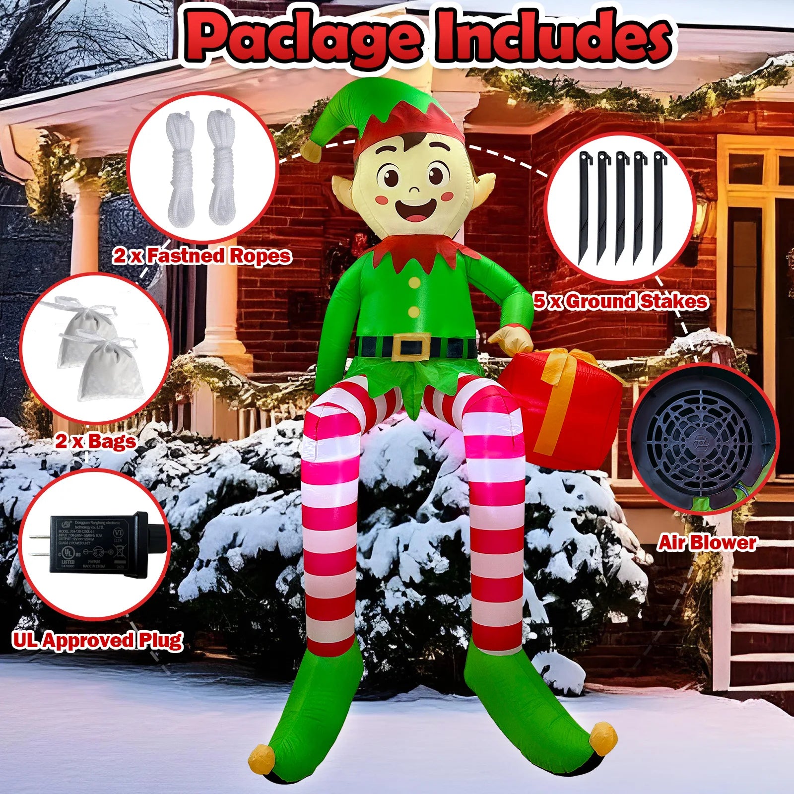 8FT Christmas Inflatable Sitting Elf Outdoor Decoration | Giant Yard Inflatable with Built-in LED Lights