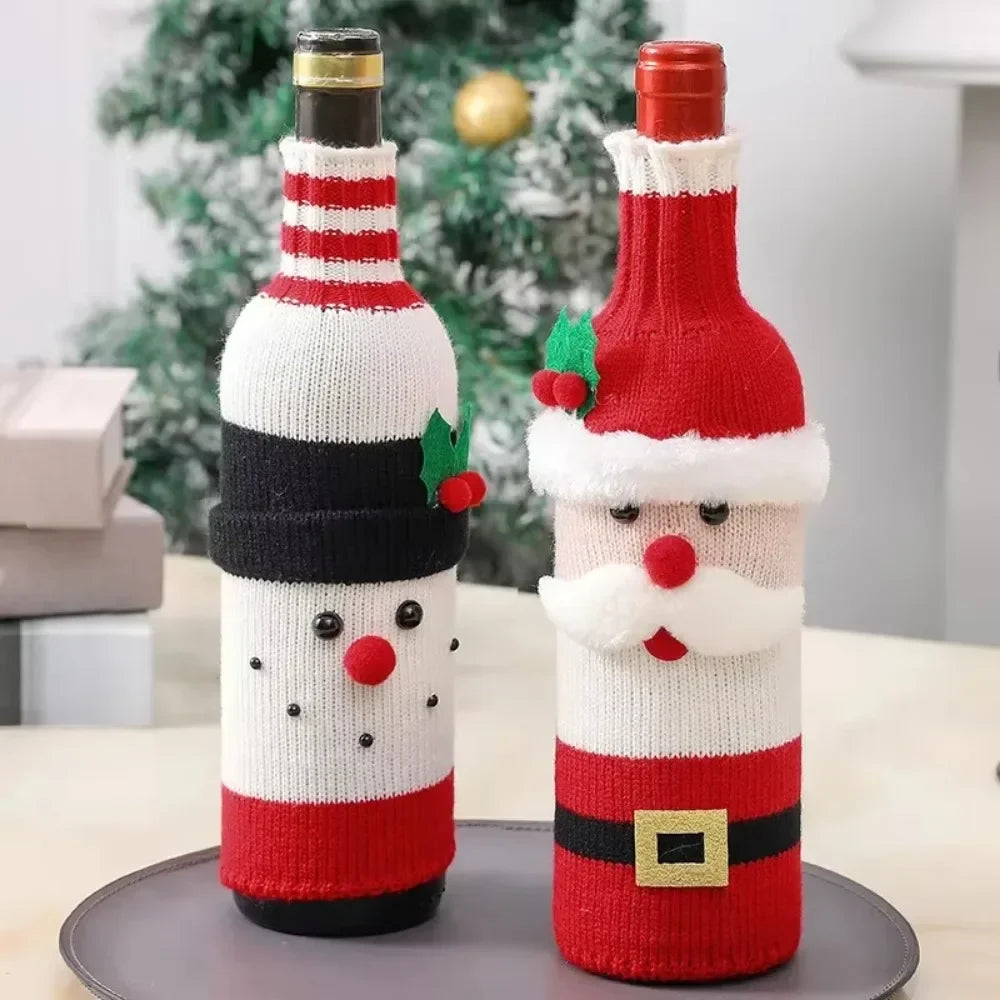 Christmas Wine Bottle Cover Set | Santa Snowman Woven Bags | Party Dinner Table Decorations & New Year Gifts