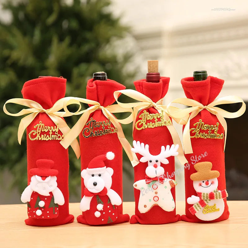 Christmas Wine Bottle Set | Golden Velvet Dress Covers Sleeve | Santa Snowman Xmas New Year Dinner Table Decor