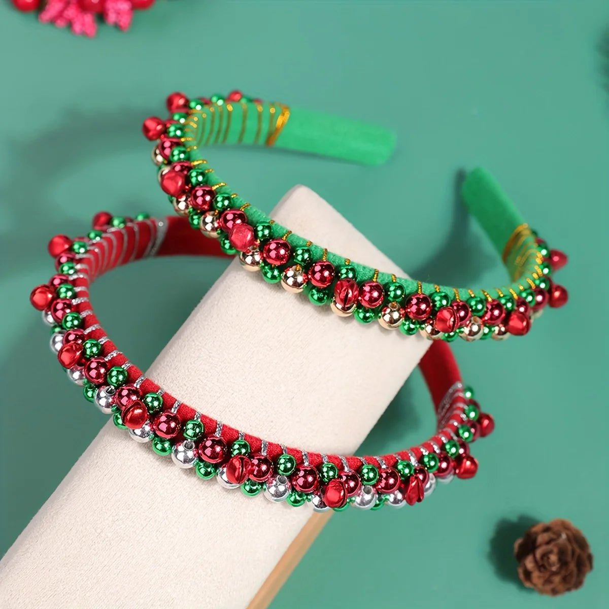 Festive Christmas Headband | Red & Green Beads, Golden Accents & Bell Charms | Hand-Wrapped Polyester Party Accessory