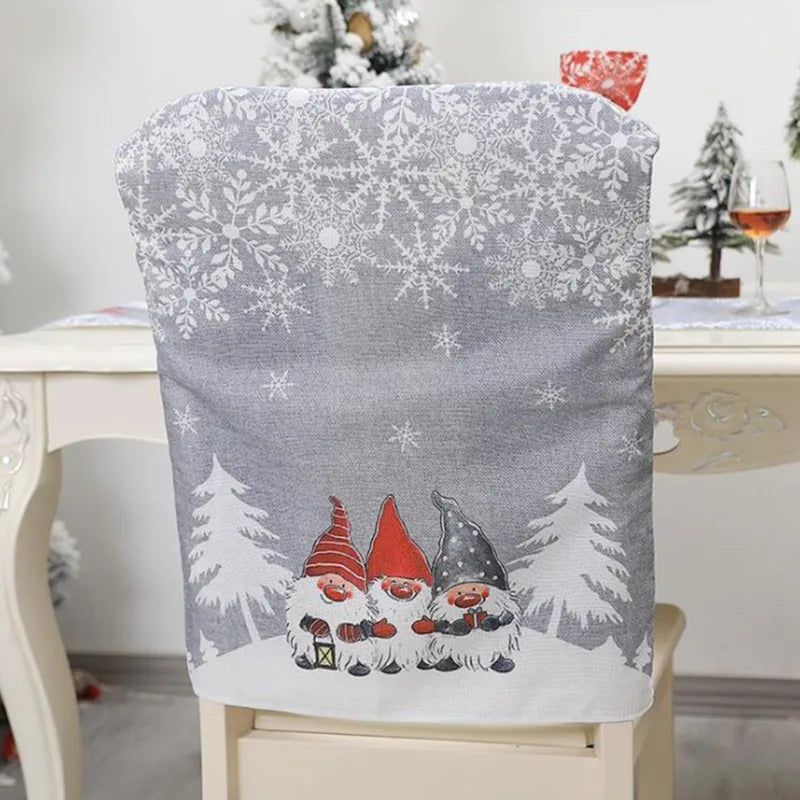 Christmas Decorative Chair Cover & Stool Cover | Linen Santa Claus, Snowman & Snowflake Printed Chair Covers for Dining Room