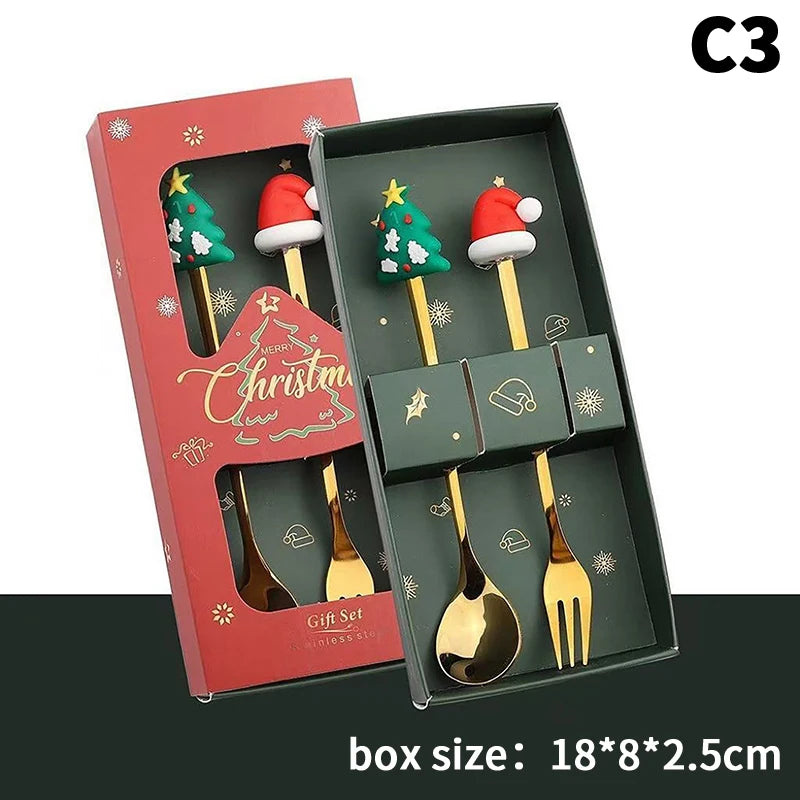 Stainless Steel Christmas Fork and Spoon Set | Coffee, Tea, & Dessert Tableware with Festive Gift Box