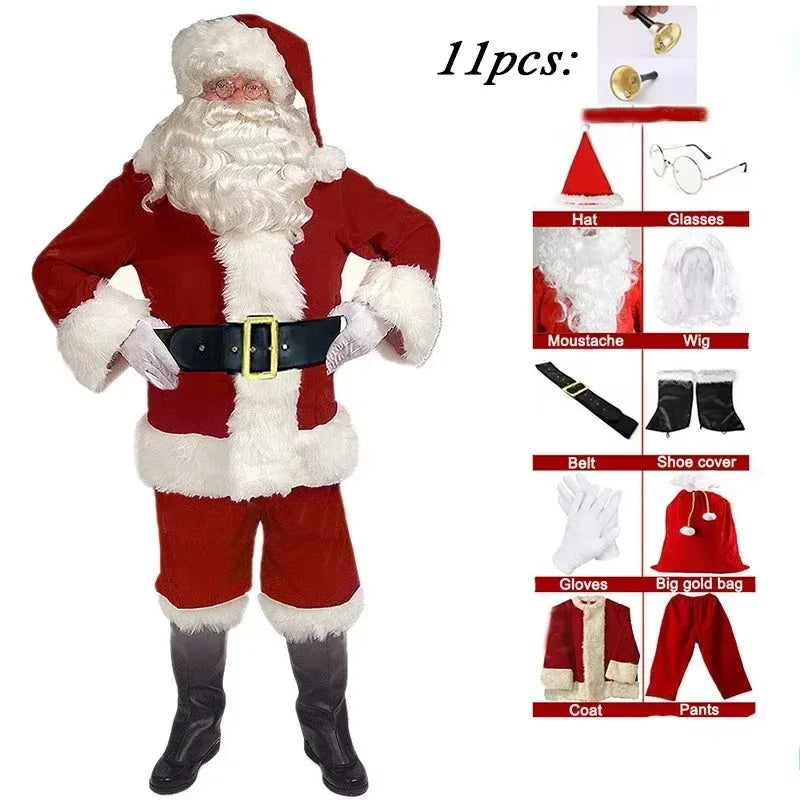 Santa Claus Costume Christmas Complete Dress-Up Outfit for Adult Men | 7PCS Deluxe Santa Suit with Hat Cosplay Costumes