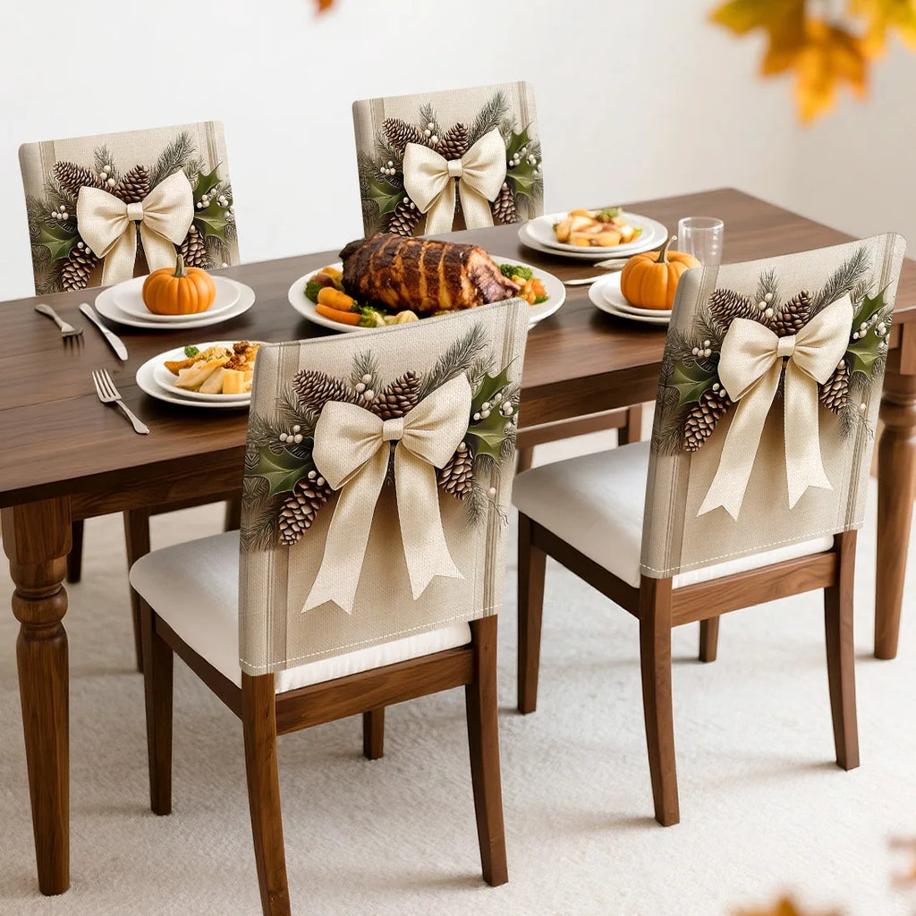 4pcs/set Christmas Bow Chair Cover (45x55cm) | Dining Seat Covers for Table Decoration | Dining Room, Bar & Banquet Party Supplies