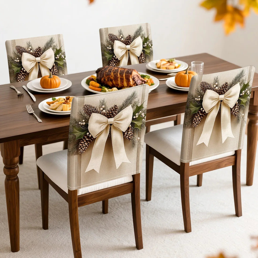 4pcs/set Christmas Bow Chair Cover (45x55cm) | Dining Seat Covers for Table Decoration | Dining Room, Bar & Banquet Party Supplies