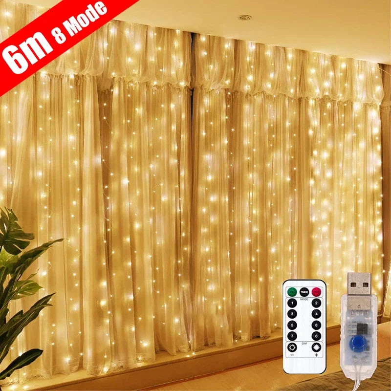 3x3M USB Curtain Fairy Lights – LED Window Garland with Remote for Christmas, New Year & Home Decor