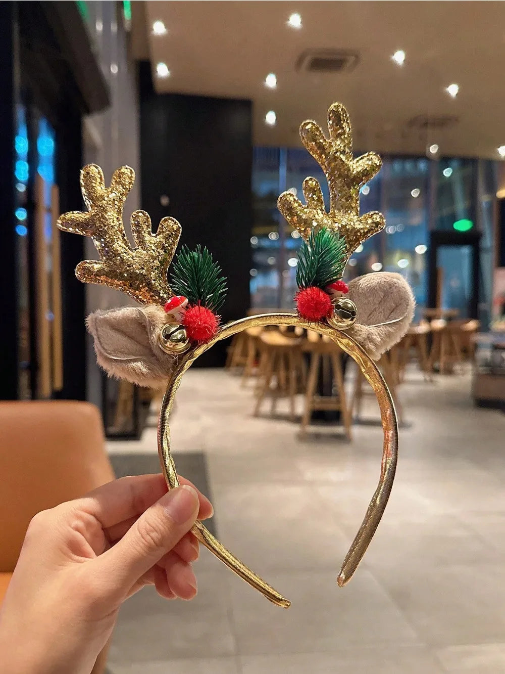 1pc Gold Sequin Mushroom Christmas Headband | Big Deer Horn & Bell Sequin Festive Headwear for Women | Forest Style Hair Accessory