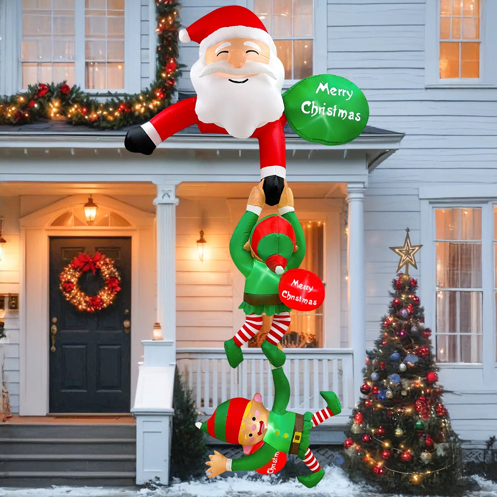 8FT Christmas Inflatable Decor | Climbing Santa, Reindeer, Snowman/Elves | Xmas Decor for Beam, Roof, Tree, Indoor Party