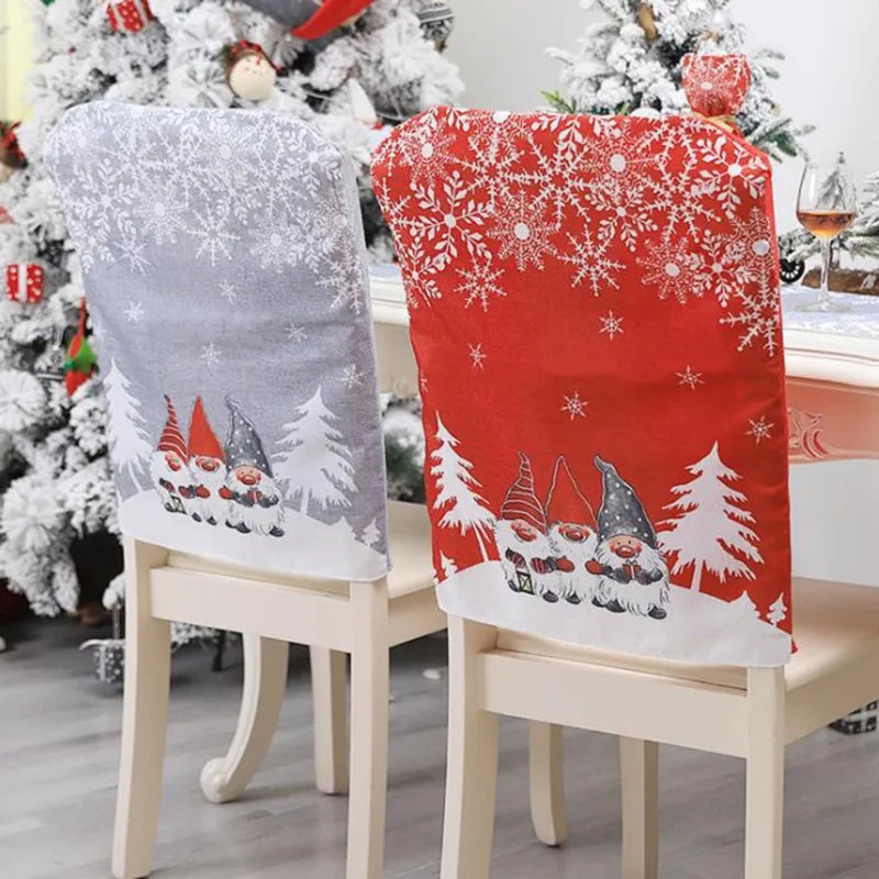 Christmas Decorative Chair Cover & Stool Cover | Linen Santa Claus, Snowman & Snowflake Printed Chair Covers for Dining Room