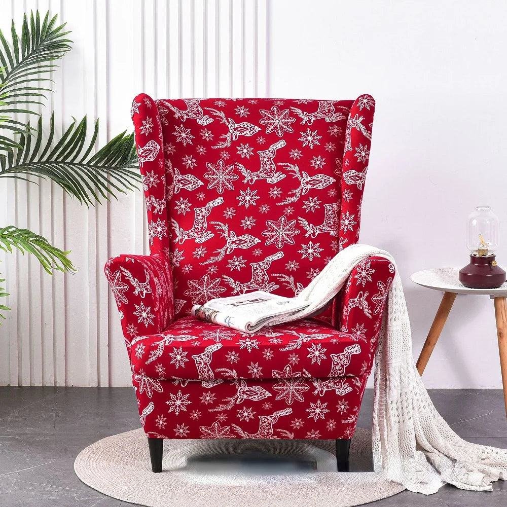 Christmas Wing Chair Cover | Elastic Relax Sofa Armchair Wingback Slipcover | Festive Christmas Decor with Seat Cushion