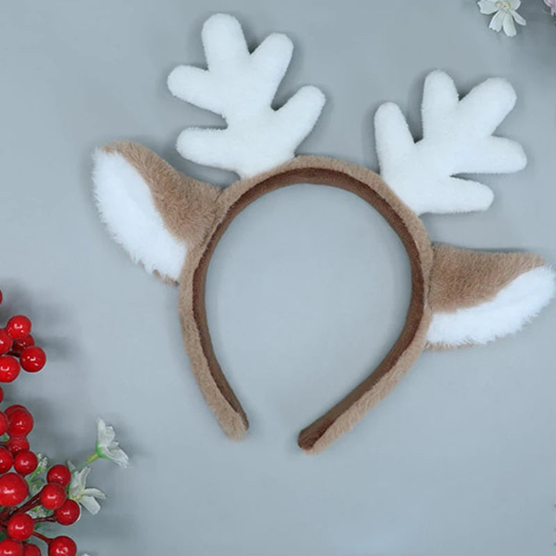 Christmas Plush Antler Headband | Lolita Party Headpiece Reindeer Antler Head Hoop | Cartoon Deer Ears Hair Accessories