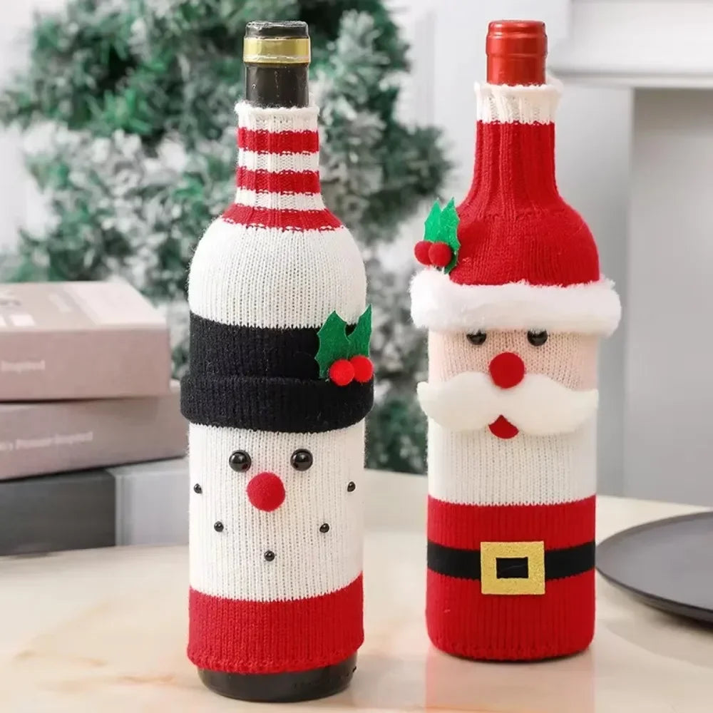 Christmas Wine Bottle Cover Set | Santa Snowman Woven Bags | Party Dinner Table Decorations & New Year Gifts