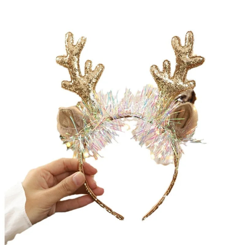 Christmas Headband | Xmas Elk Horn, Bell & Sequin Hair Band | Happy New Year Photo Props & Merry Christmas Decor Gifts for Kids