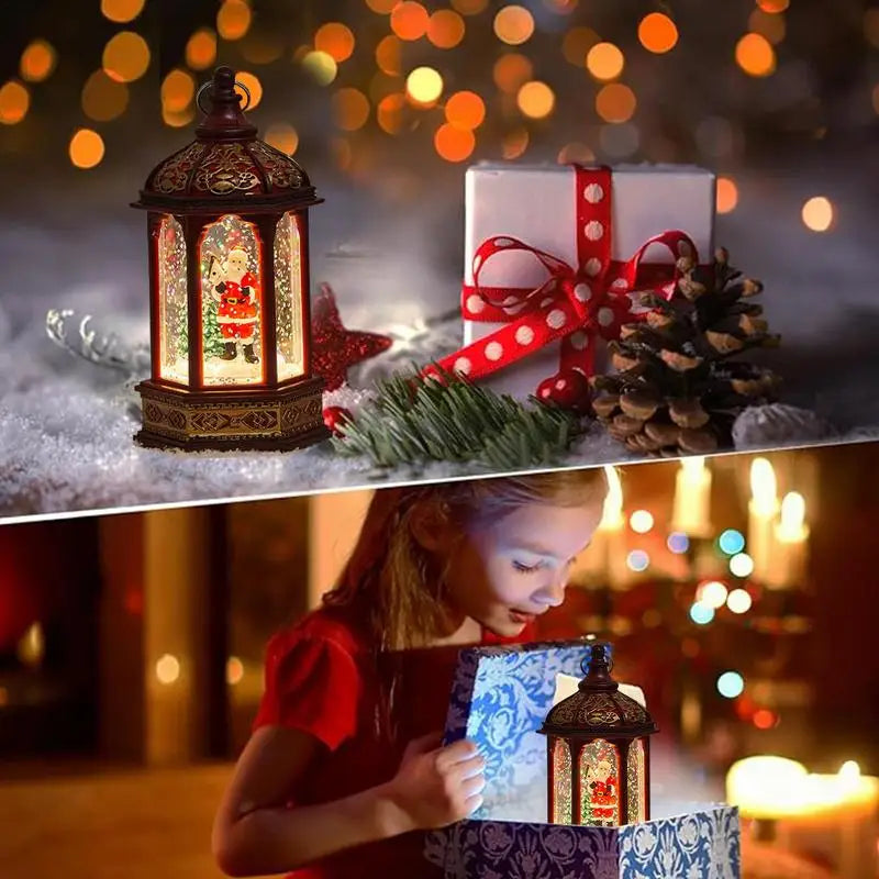 Christmas Snow Globe Lantern – Light-Up Glitter Hexagonal Wind Lamp | Winter Decor Table Centerpiece