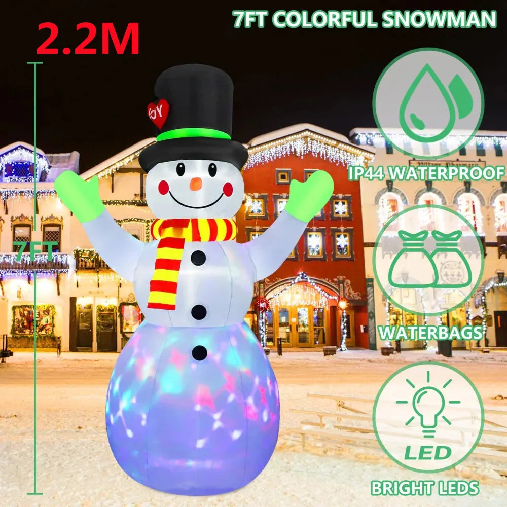 7FT (2.2M) Christmas Inflatable Green Gloves Snowman | Outdoor Model with Built-in Rotating LED Lights | Indoor/Outdoor Xmas Decorations