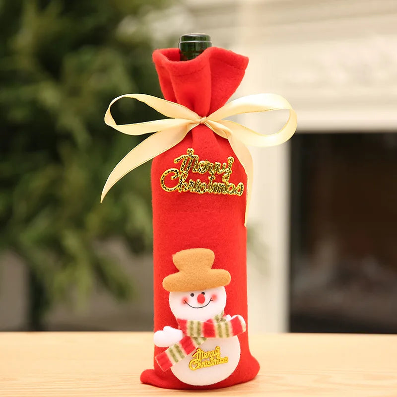 Christmas Wine Bottle Set | Golden Velvet Dress Covers Sleeve | Santa Snowman Xmas New Year Dinner Table Decor