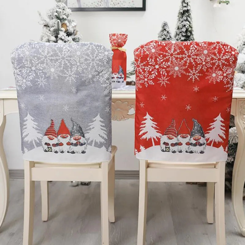 Christmas Decorative Chair Cover & Stool Cover | Linen Santa Claus, Snowman & Snowflake Printed Chair Covers for Dining Room