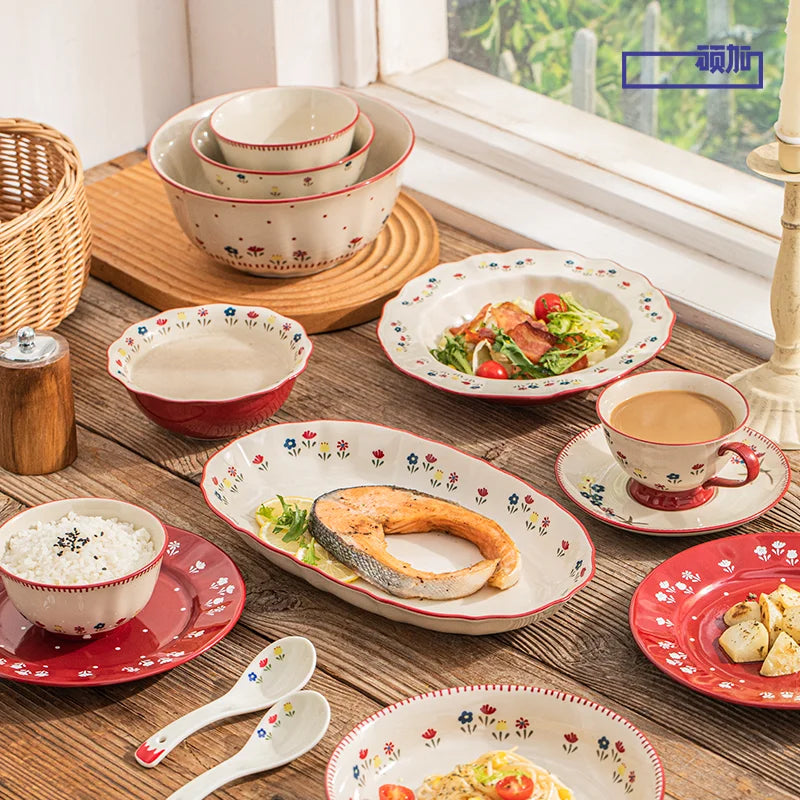 Vintage Ceramic Dinnerware Set | High-Quality Soup Bowl, Salad/Pasta Plate | Microwave Safe Colorful Ceramic Plates & Bowls