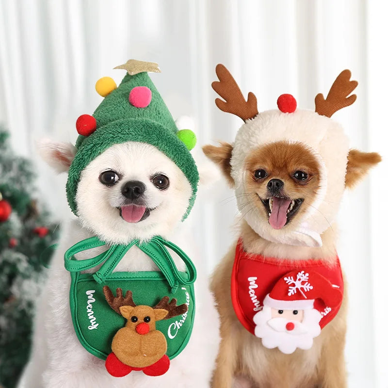Funny Dog Christmas Hat & Pets Santa Bibs Set | New Year Party Cosplay Costume Puppy Cap | Cute Cats Bandana Clothes Accessories Gift