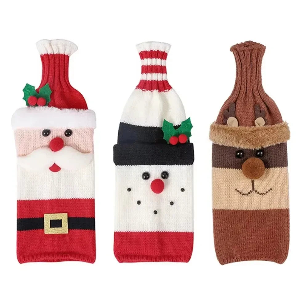 Christmas Wine Bottle Cover Set | Santa Snowman Woven Bags | Party Dinner Table Decorations & New Year Gifts