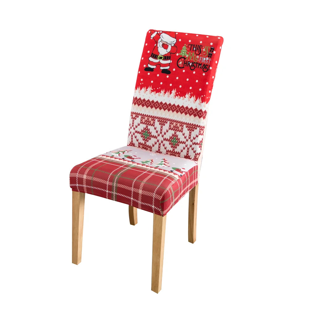 Christmas Chair Cover Dining Room Decor | 2025 Santa Claus & Snowflake Print Xmas Chair Covers | Stretch Removable Chair Seat Cover