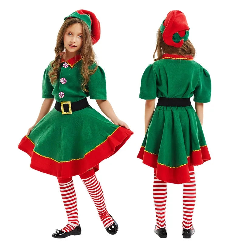 New Christmas Santa Claus & Green Elf Costume Set | Family Carnival Party Cosplay Fancy Dress Clothes | Children & Adult Suit Gift