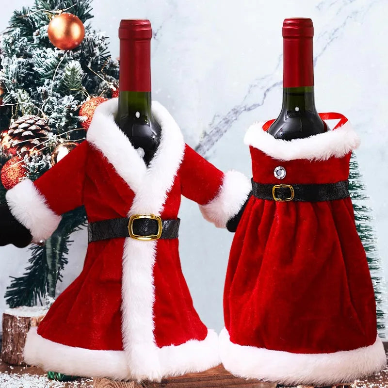 Christmas Wine Bottle Covers Set | Red Velvet Dress Sleeve Bags | Santa Claus Ornaments for New Year & Xmas Dinner Table Decoration