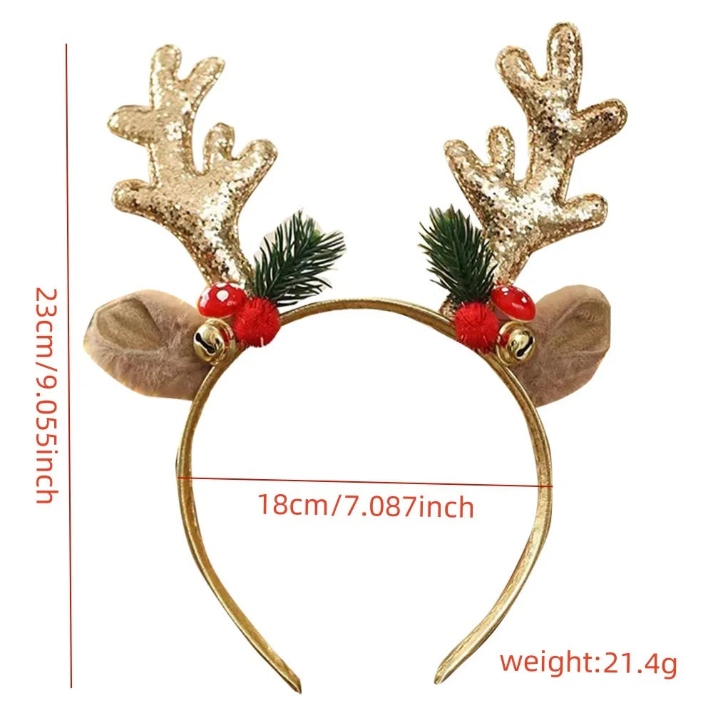 1pc Gold Sequin Mushroom Christmas Headband | Big Deer Horn & Bell Sequin Festive Headwear for Women | Forest Style Hair Accessory