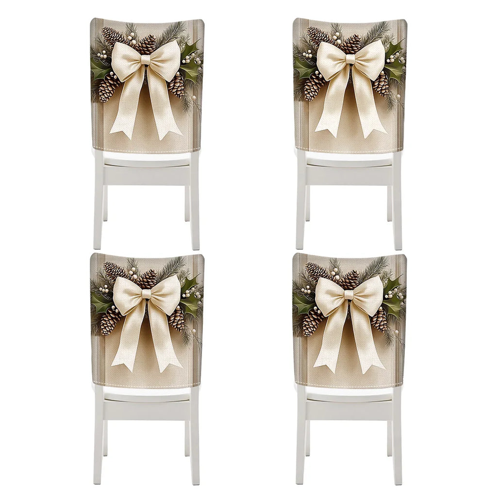 4pcs/set Christmas Bow Chair Cover (45x55cm) | Dining Seat Covers for Table Decoration | Dining Room, Bar & Banquet Party Supplies