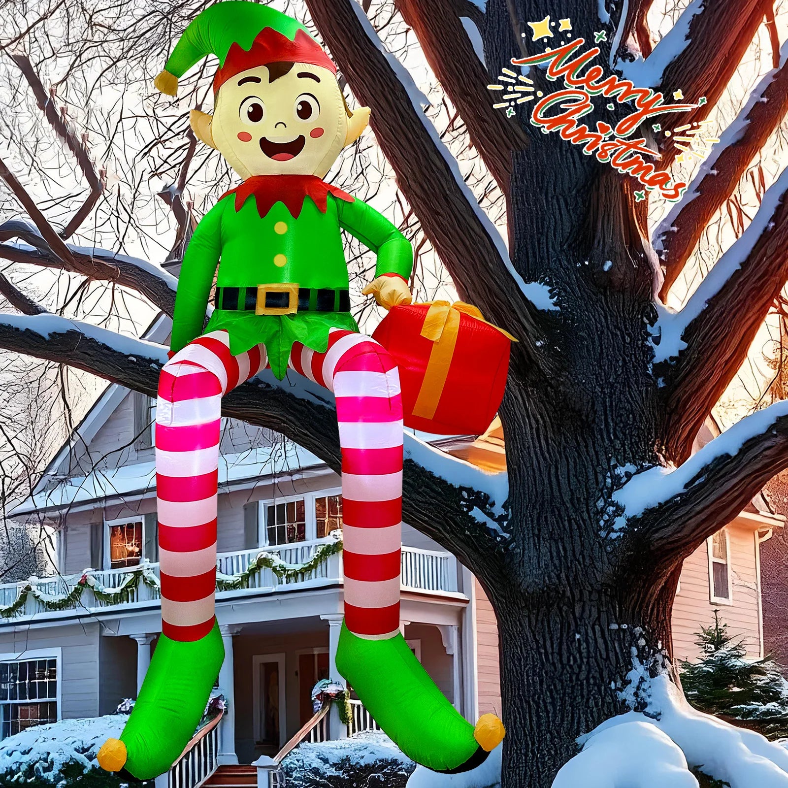 8FT Christmas Inflatable Sitting Elf Outdoor Decoration | Giant Yard Inflatable with Built-in LED Lights