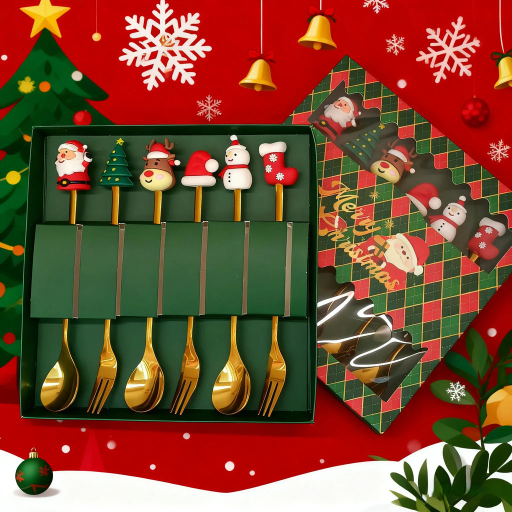 2/6 Pcs Christmas Fork and Spoon Set | Stainless Steel Creative Coffee, Tea, Dessert Tableware Gift Set