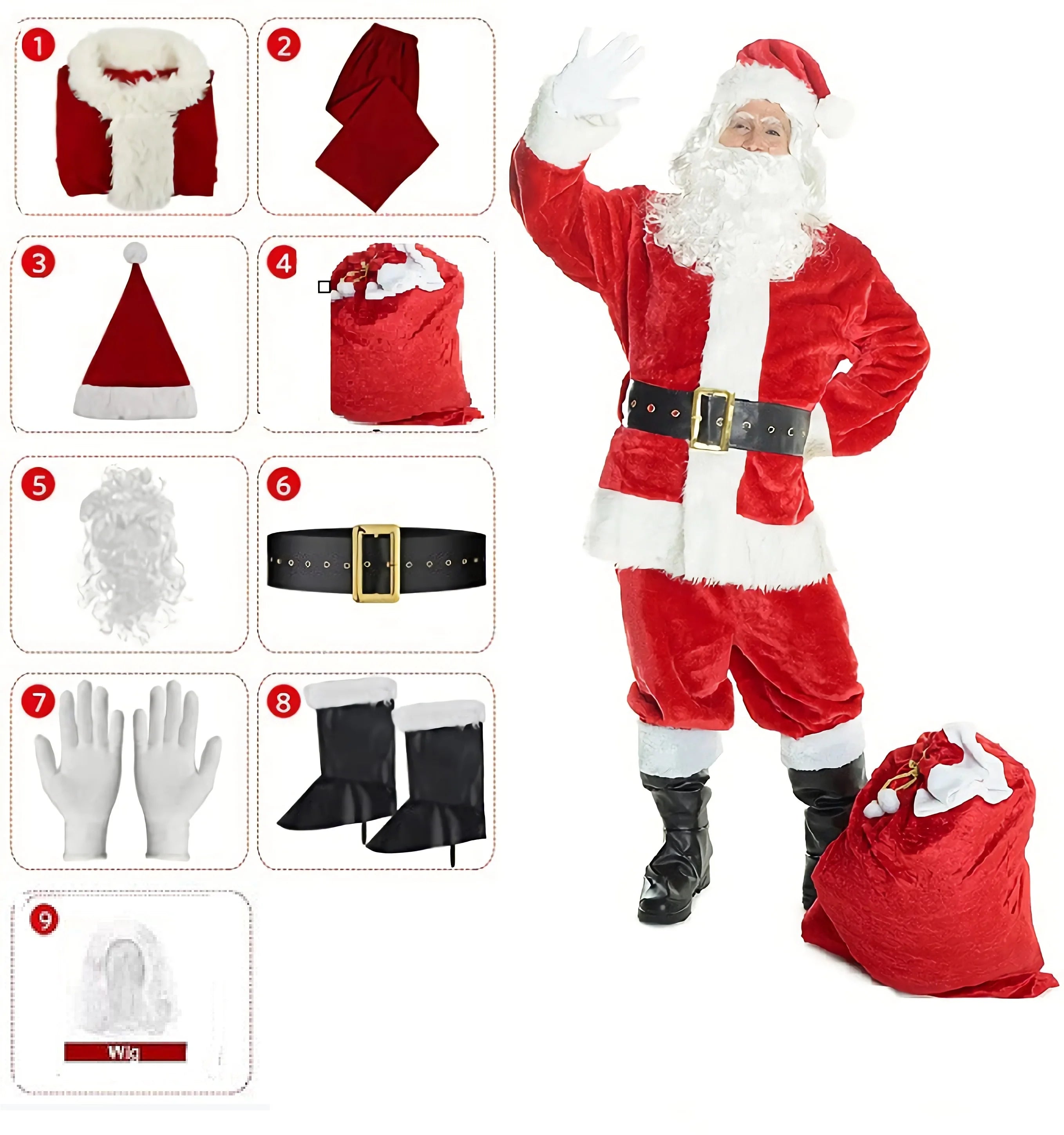 Santa Claus Costume Christmas Complete Dress-Up Outfit for Adult Men | 7PCS Deluxe Santa Suit with Hat Cosplay Costumes