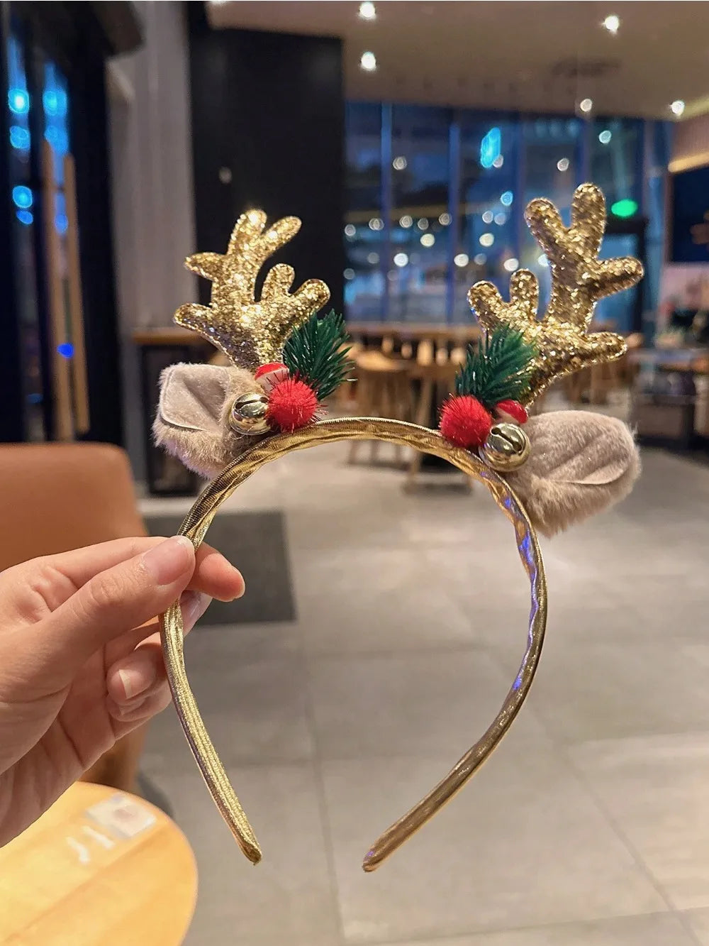 1pc Gold Sequin Mushroom Christmas Headband | Big Deer Horn & Bell Sequin Festive Headwear for Women | Forest Style Hair Accessory