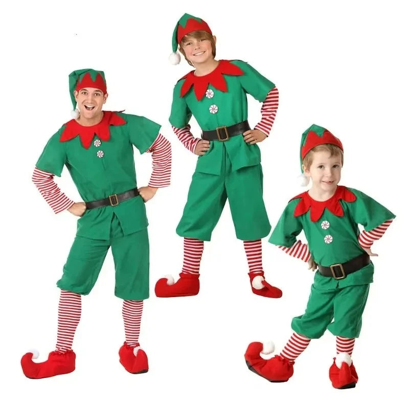 New Christmas Santa Claus & Green Elf Costume Set | Family Carnival Party Cosplay Fancy Dress Clothes | Children & Adult Suit Gift