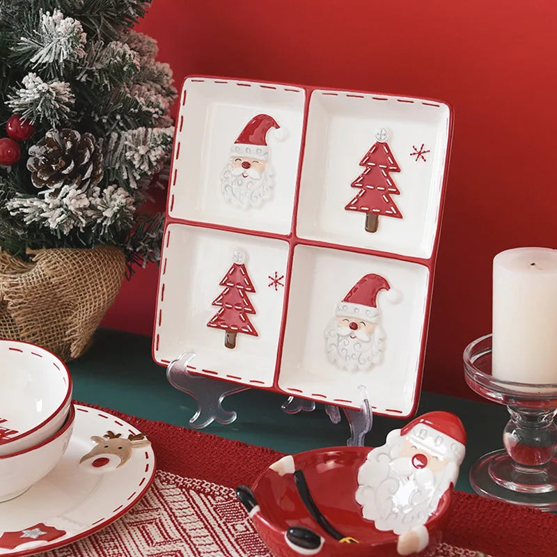 Nordic Christmas Tableware Set | Stitching Santa Claus Dishes & Plates | Embossed Sealed Jar, Seasoning Jar, Ceramic Flat Plate & Cup