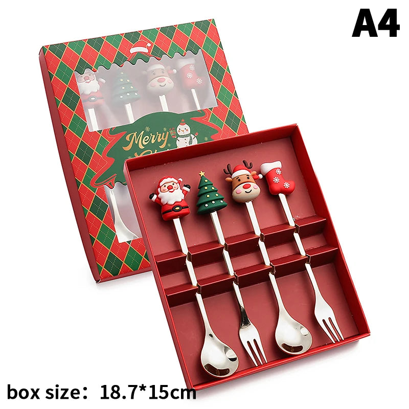Stainless Steel Christmas Fork and Spoon Set | Coffee, Tea, & Dessert Tableware with Festive Gift Box